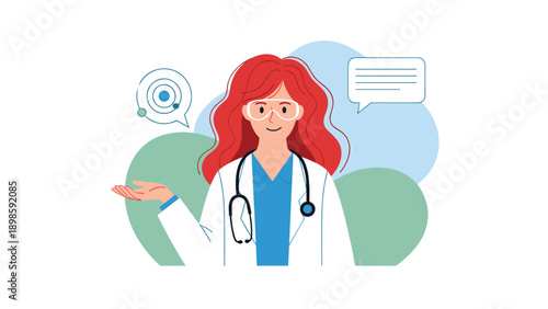 Professional female scientist or doctor with long red hair wearing protective glasses and a lab coat with a stethoscope.