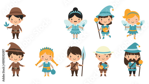 Collection of cute fantasy forest characters including elves, fairies, and villagers holding various natural items and tools.