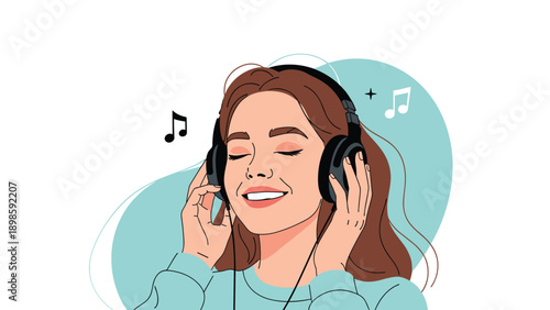 Relaxed young woman with closed eyes listening to music through large headphones with musical notes floating around her.