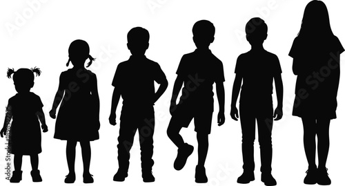 Children growth silhouettes from toddler to teenager standing in a row, black kid figures isolated on white background, ideal for childhood development, family, and education concepts