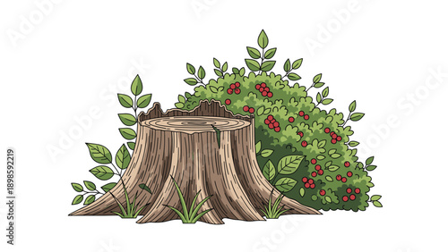 Old weathered tree stump sits in a lush forest clearing surrounded by green bushes and bright red berries in a detailed style.