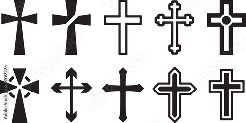 Diverse collection of ten black and white Christian cross symbols with varied designs