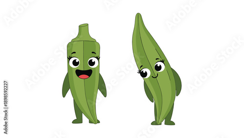 Two cheerful cartoon okra characters with expressive faces and green bodies stand together in a fun vegetable illustration.