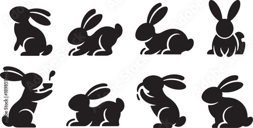 Diverse black rabbit silhouettes showcasing various actions like stretching, sitting, and interacting with small objects