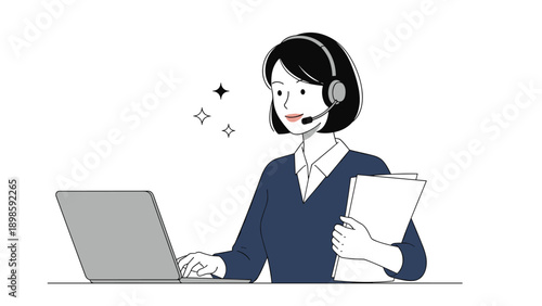 Professional woman working at a laptop while wearing a headset and holding documents represents a modern call center agent.