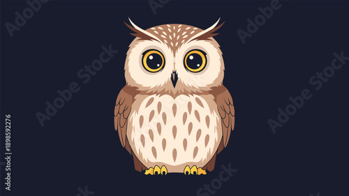 Wise little owl with large golden eyes and brown feathers sits calmly against a dark blue background in a cute flat design.