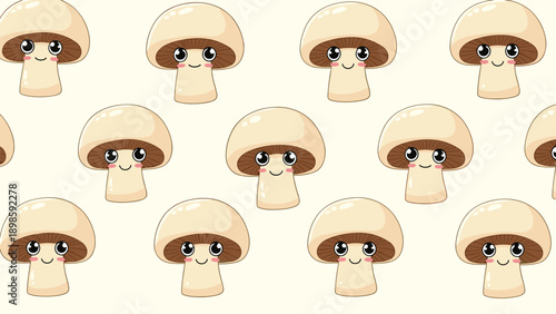 Seamless pattern features rows of cute smiling mushrooms with cream colored caps and blushing cheeks on a light background.