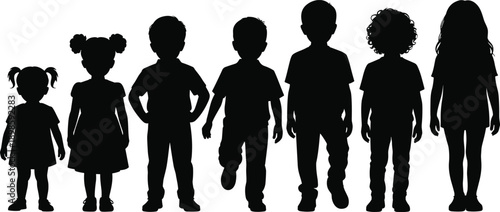 Children growth silhouettes from toddler to teenager standing in lineup, black figures isolated on white background, representing childhood development, age progression, family, and education concepts