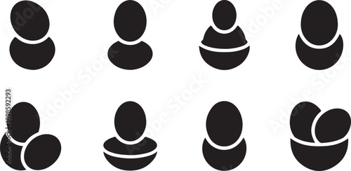 Eight black silhouettes resembling abstract human forms or simple egg shapes in various configurations