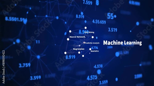 Blue futuristic data-network showing automation on the left and machine learning on the right; white nodes and lines; center hub rotates around data mining and neural network.