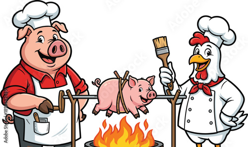 Funny pig and chicken chefs roasting pork vector illustration, cartoon barbecue cooking scene, playful farm animals kitchen mascot design art
