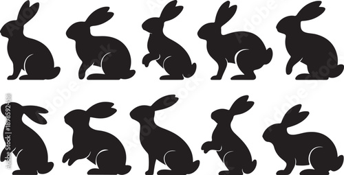 Ten identical black rabbit silhouettes are uniformly arranged in two neat rows against a clean white backdrop
