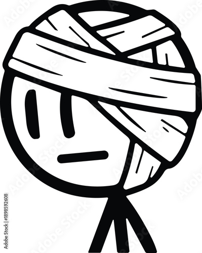 Injured stickman character with head bandage vector illustration, simple cartoon accident icon, minimal black and white design