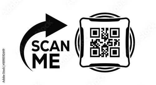 Minimalist black and white QR code scan prompt with bold arrow and "SCAN ME" text, ideal for marketing, advertising, and digital call-to-action designs on clean white background.