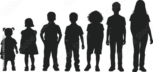 Children growth silhouettes from toddler to teenager standing together, black kid figures isolated on white background, representing childhood development, age progression, education concepts 