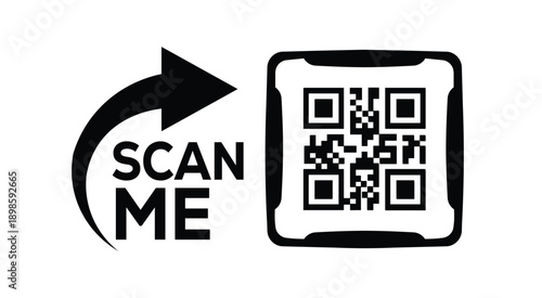 Minimalist black and white QR code scan prompt with bold arrow and "SCAN ME" text, ideal for marketing, advertising, and digital call-to-action designs on clean white background.
