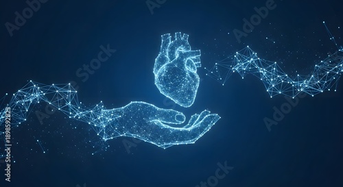 Digital hands holding human heart healthcare technology concept
