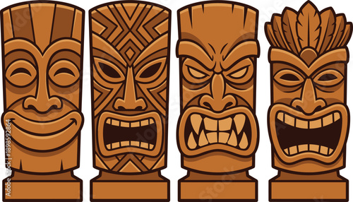 Wooden tiki mask set vector illustration, tribal Polynesian totem faces collection, traditional carving style, cartoon ethnic art