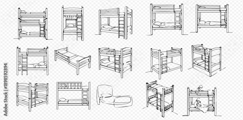 Set of hand-drawn bunk beds and single beds sketches, perfect for hostel, dormitory, or children's room designs.