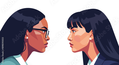Diverse Business Women Face-Off Vector Illustration: Intense Dialogue, Rivalry, and Negotiation