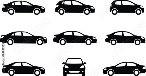 WebSet of black car silhouettes featuring various vehicle body styles like sedan, hatchback, and front view isolated on white background for automotive transport design.