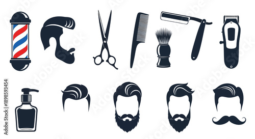 Barber shop icons set with haircut tools and hairstyles on white background for grooming and beauty services