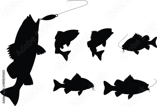 Fishing fish silhouettes set with lure and freshwater species shapes, black vector illustration isolated on white background for angling, sport fishing, and wildlife design