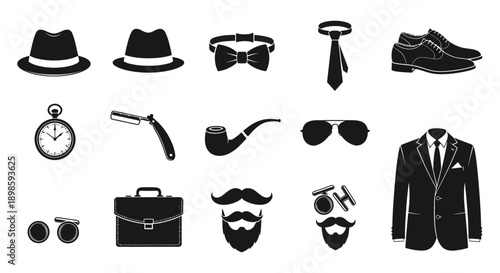 Gentleman's accessories and clothing icons set including hats shoes tie suit mustache beard sunglasses pipe briefcase watch cufflinks bow tie and monocle on white background