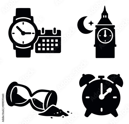 Modern glyph time management icon set featuring a wrist watch, calendar, Big Ben, an hourglass, and an alarm clock for scheduling and planning
