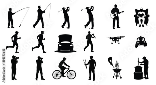 Collection of black silhouette icons depicting various leisure activities and hobbies on white background