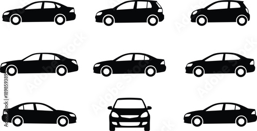 WebVector illustration of diverse car silhouettes in side and front views, automotive design concept showcasing compact vehicles, sedans and transportation icons for industry and creative projects