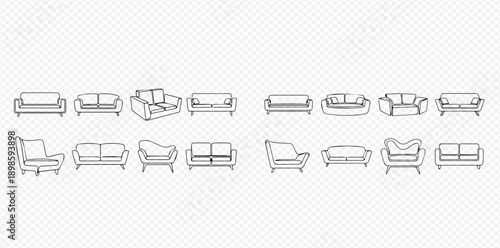 Set of outline sofas and armchairs, various styles of furniture for living room interior design.