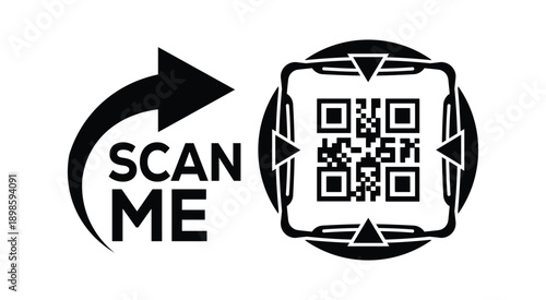 Minimalist black and white QR code scan prompt with bold arrow and "SCAN ME" text, ideal for marketing, advertising, and digital call-to-action designs on clean white background.