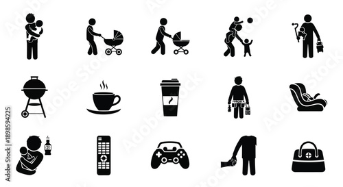 Black silhouette icons of daily life activities and objects on white background lifestyle and leisure concepts