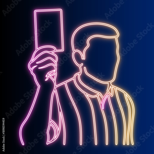 Neon Referee Holding Red Card Illustration Vector Design For Sports Penalty Concept, Game Foul, And Competition Rules