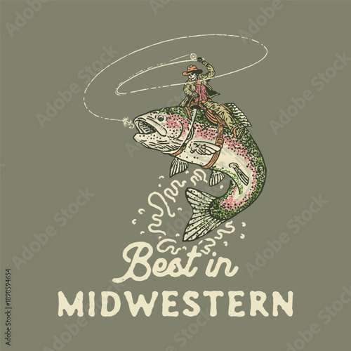 cowboy illustration trout graphic fishing design hook badge rodeo vintage
