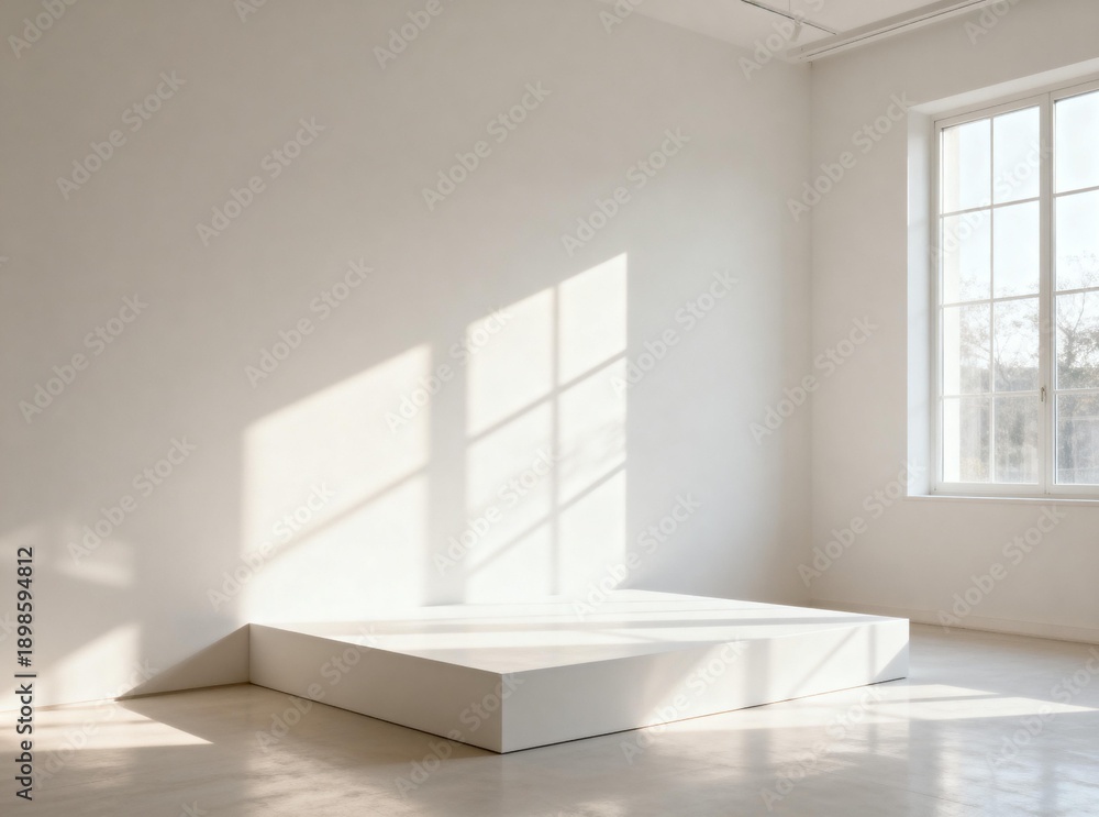 Fototapeta premium Minimalist White Room with Platform and Window Light