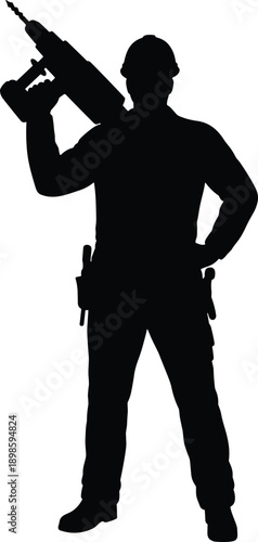 Construction worker silhouette holding power drill, industrial labor, handyman tools, repair and maintenance, safety equipment, tradesman, builder, strong posture