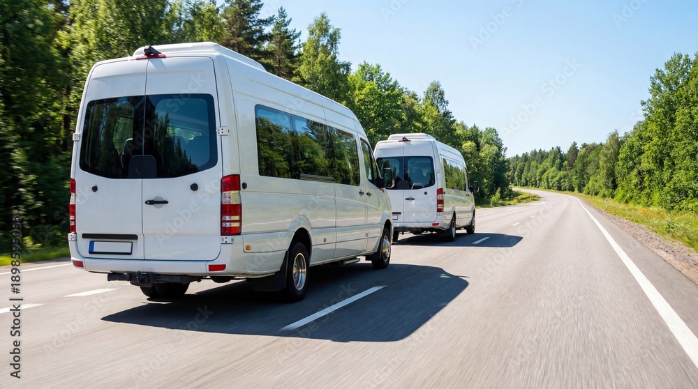 Fototapeta premium White passenger vans driving in convoy on open highway through green forest landscape on sunny day