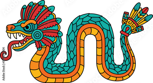 Colorful Aztec feathered serpent dragon vector illustration, ancient Mesoamerican myth creature, traditional tribal art, bold outline design