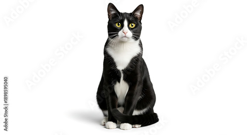 Curious black and white cat with bright yellow eyes sitting
