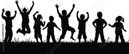 Happy children silhouettes vector illustration, kids jumping and playing outdoors, joyful childhood activity, freedom and fun concept, black figures on grass