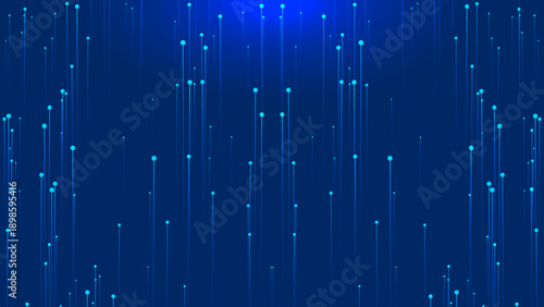 Abstract blue background with rising light speed lines and dots. Digital technology, big data, and fiber optic communication concept.