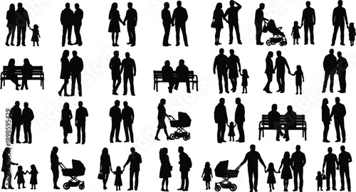 Family people silhouettes vector illustration set, parents with children walking, sitting, talking, daily life activities, happy relationships, black figures collection