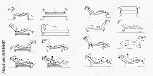 Set of hand-drawn sketches of various sofas, couches, and chaise lounges, illustrating different furniture styles and designs.