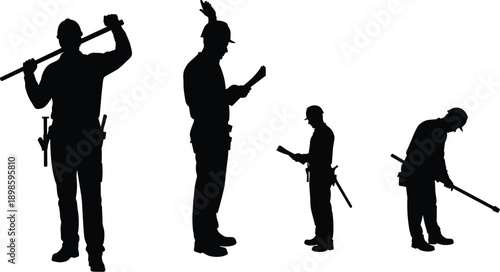 Construction worker silhouette, stages of work, laborer holding tools, blueprint reading, measuring, manual labor, occupational safety, vector illustration, hard hat worker