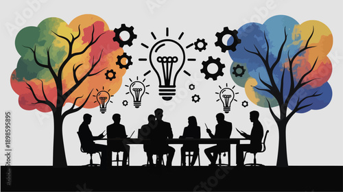 Business team brainstorming ideas in modern office with lightbulb moment