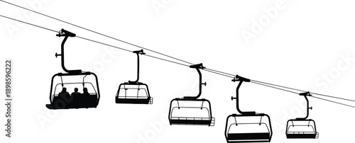 Ski lift chair silhouettes with passengers on mountain cable line, black aerial transportation icons isolated on white background for winter tourism, travel, alpine resort, and ski design