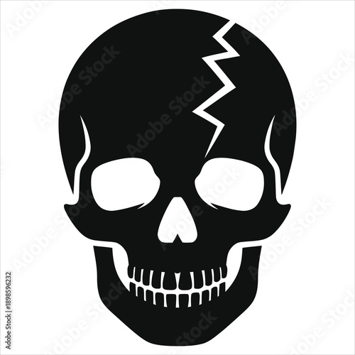 Minimalist Black Skull Silhouette with Crack Detail: Isolated Vector Icon for Halloween, Gothic Art, Tattoo Designs, and Horror Themes. Flat Graphic Illustration of Broken Human Cranium Bone Head.