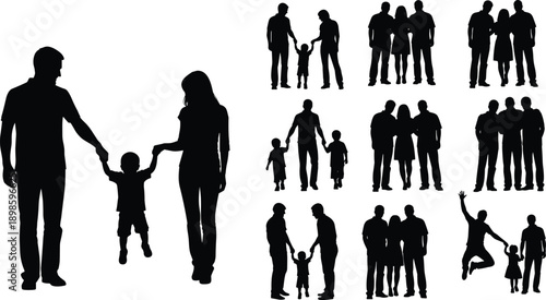 Family silhouette collection vector illustration, parents and children figures set, happy family poses, black human shapes, relationship concept, isolated on white background